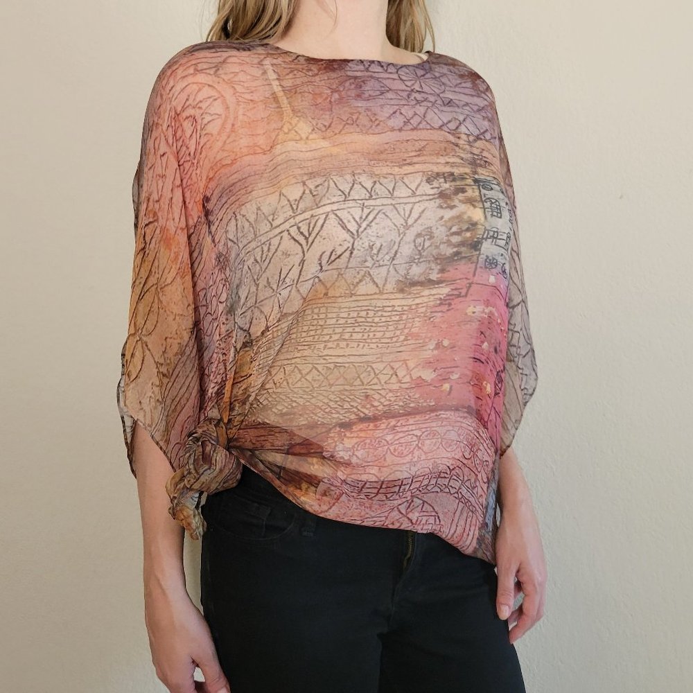 Cocoon House 100% Silk Top One Size OS Poncho Wrap Sheer Tunic Small Medium Lg - Picture 3 of 11